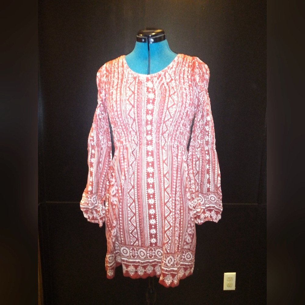 Angie red smocked puff sleeve dress